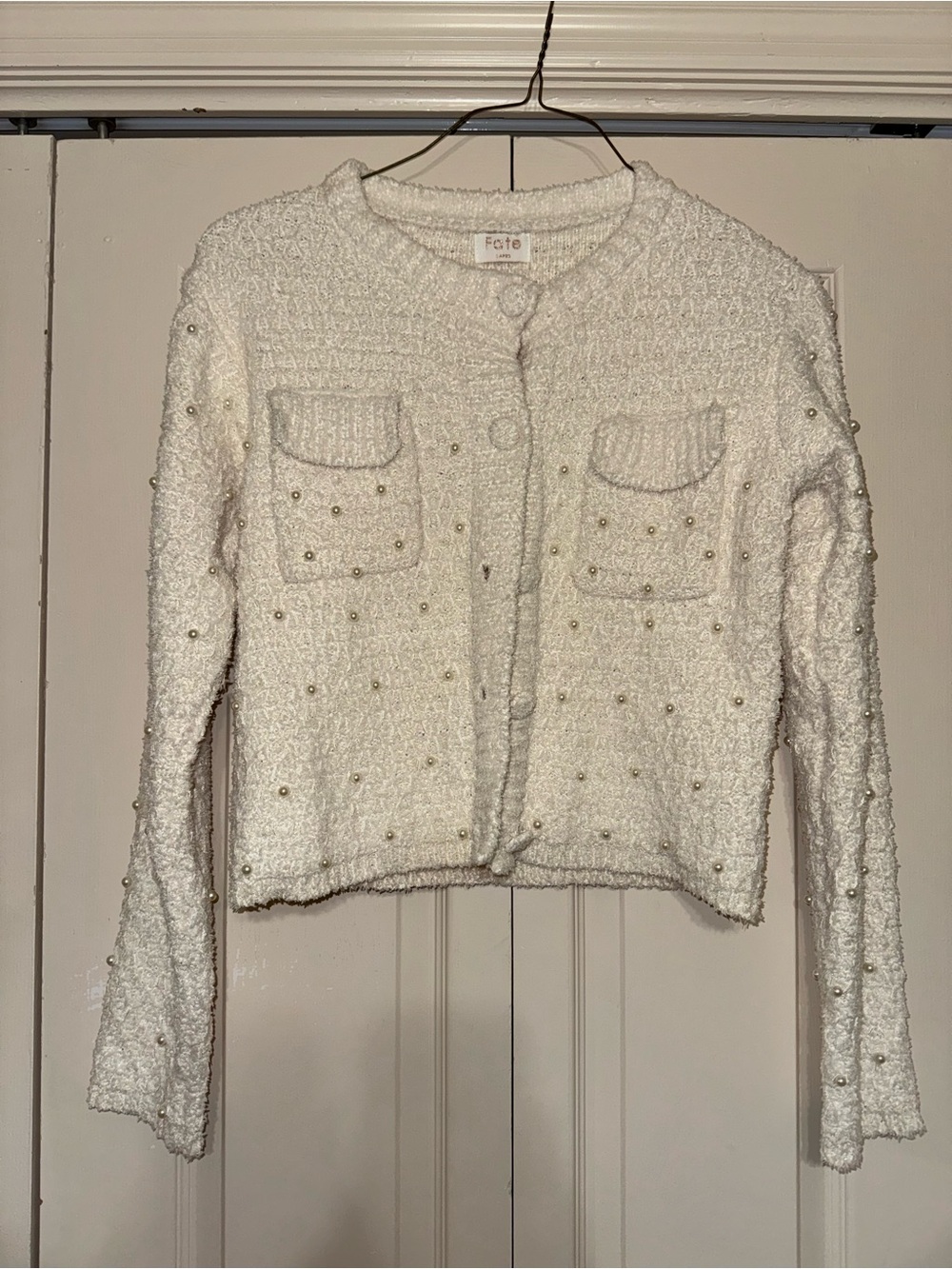 Fate Cream Bouclé Pearl-Embellished Cardigan